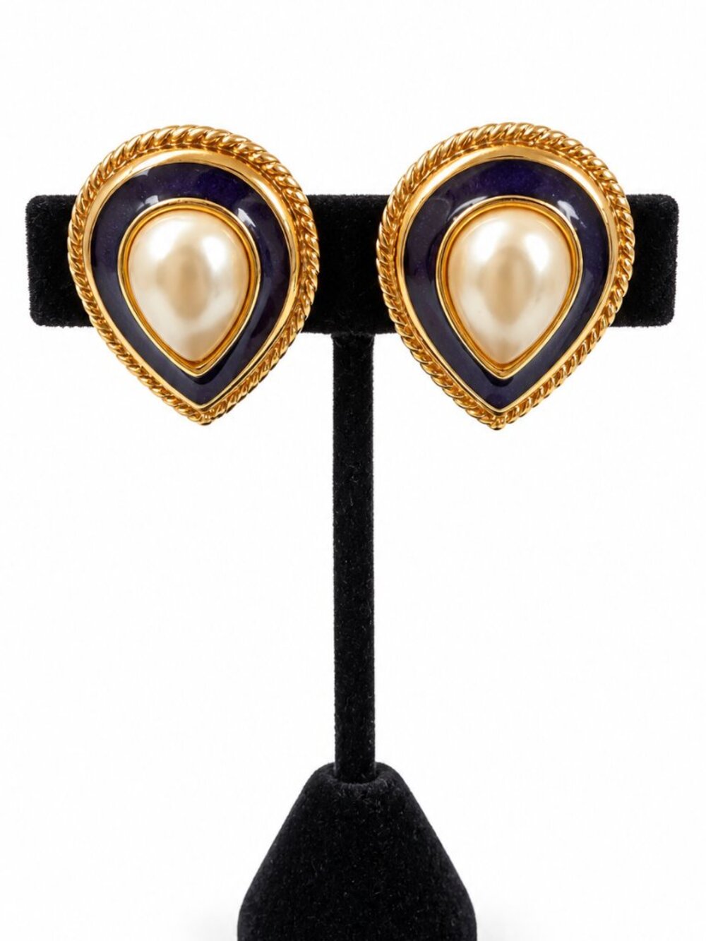 Vintage Monet Faux Pearl and Enamel Teardrop Clip On Earrings Gold Tone
